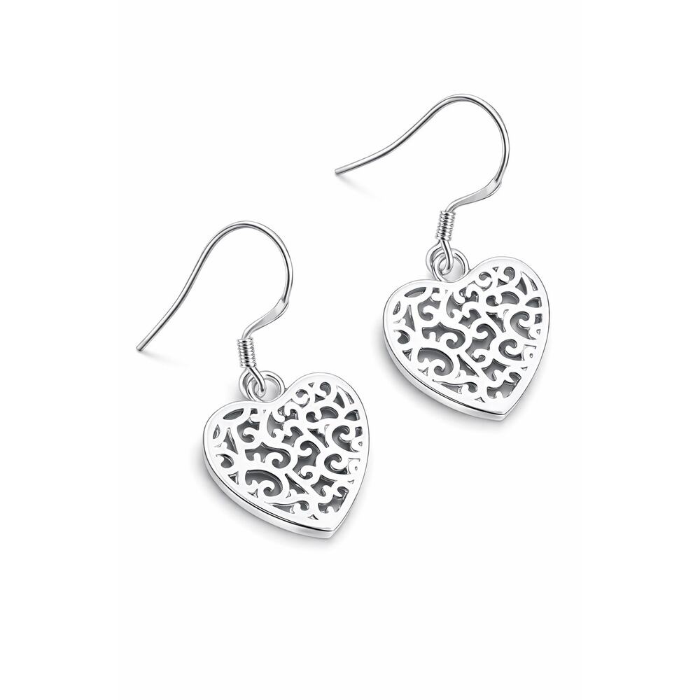 925 Stamped Silver Filigree Heart Dangle Earrings High Shine - Picture 2 of 3